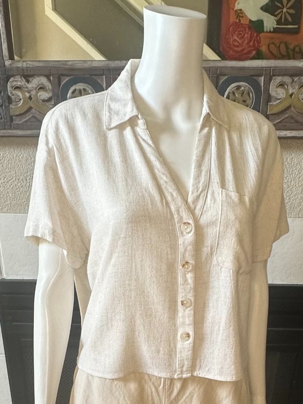 linen blend Love Notes Button-Down collared Blouse top Womens Large